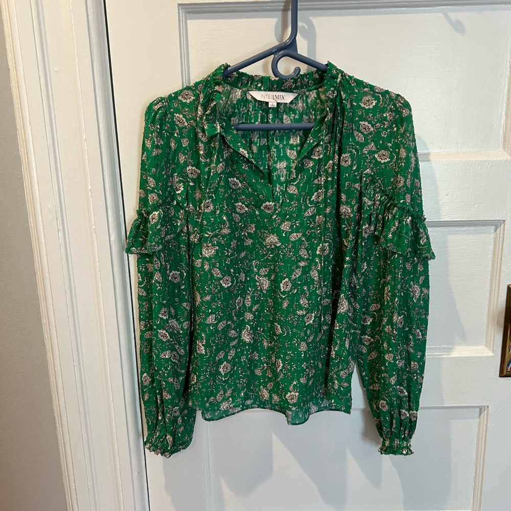 INTERMIX Green Ruffled Puff Sleeve Blouse